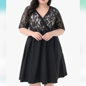 NEMIDOR | Women's Black Lace V-Neck Wrap Short Half Sleeved Midi Dress